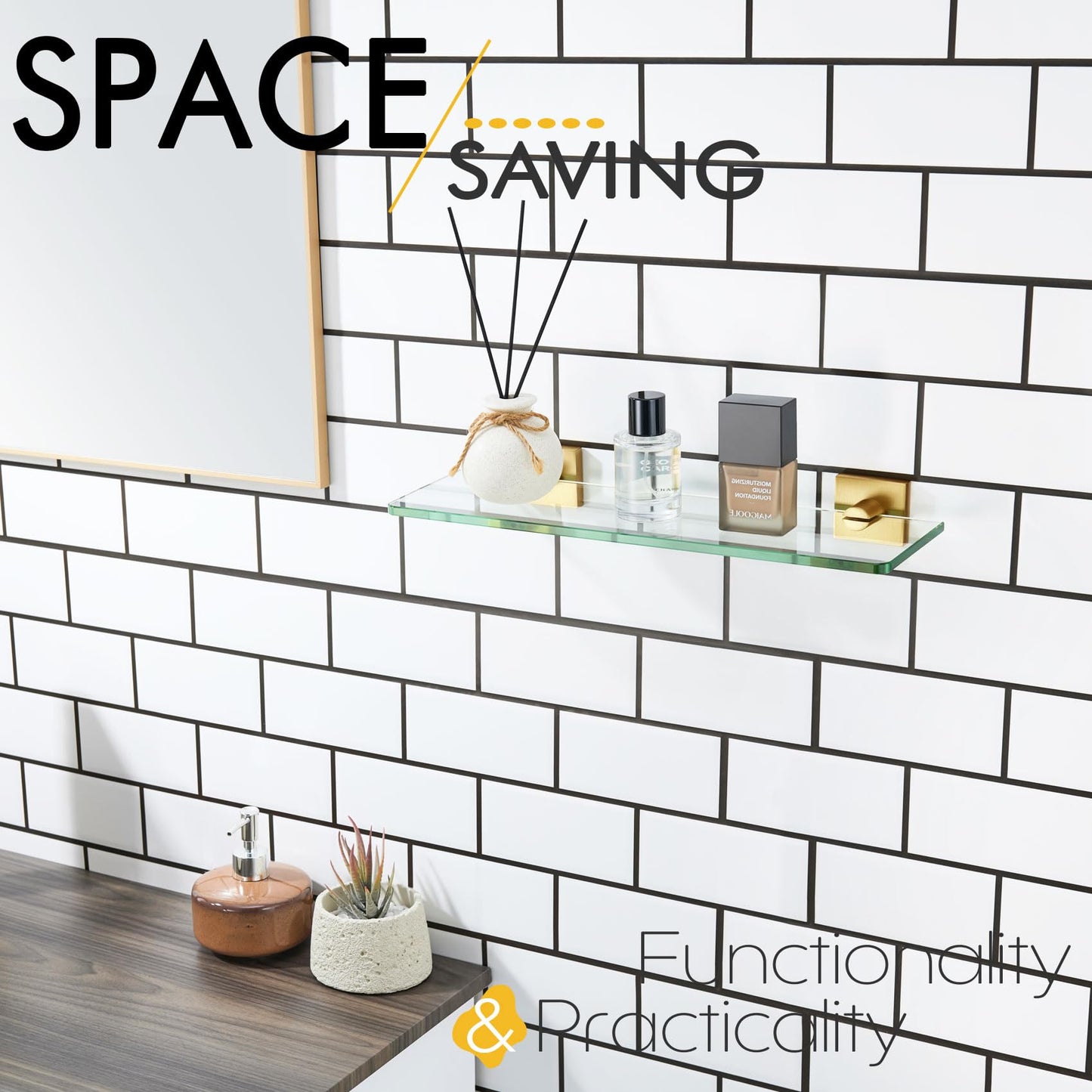 KOKOSIRI Floating Wall Shelf 16-Inch Bathroom Tempered Glass Shelves Shower Hanging Rack for Kitchen Storage Home Decor, Gold Stainless Steel B1107BG-L16
