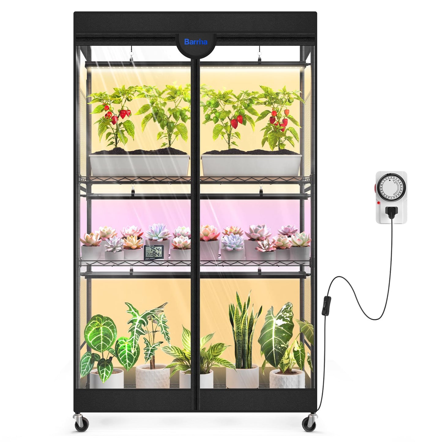 Barrina LP900 Mini Greenhouse with Grow Lights, 4-Tier Plant Stand with135W TX-S45 3FT 3 Dimmable Full Spectrum Lights , Plant Shelf with Tent Timer & Thermometer for Seed Trays 35.4 x 13.8 x 59.1IN