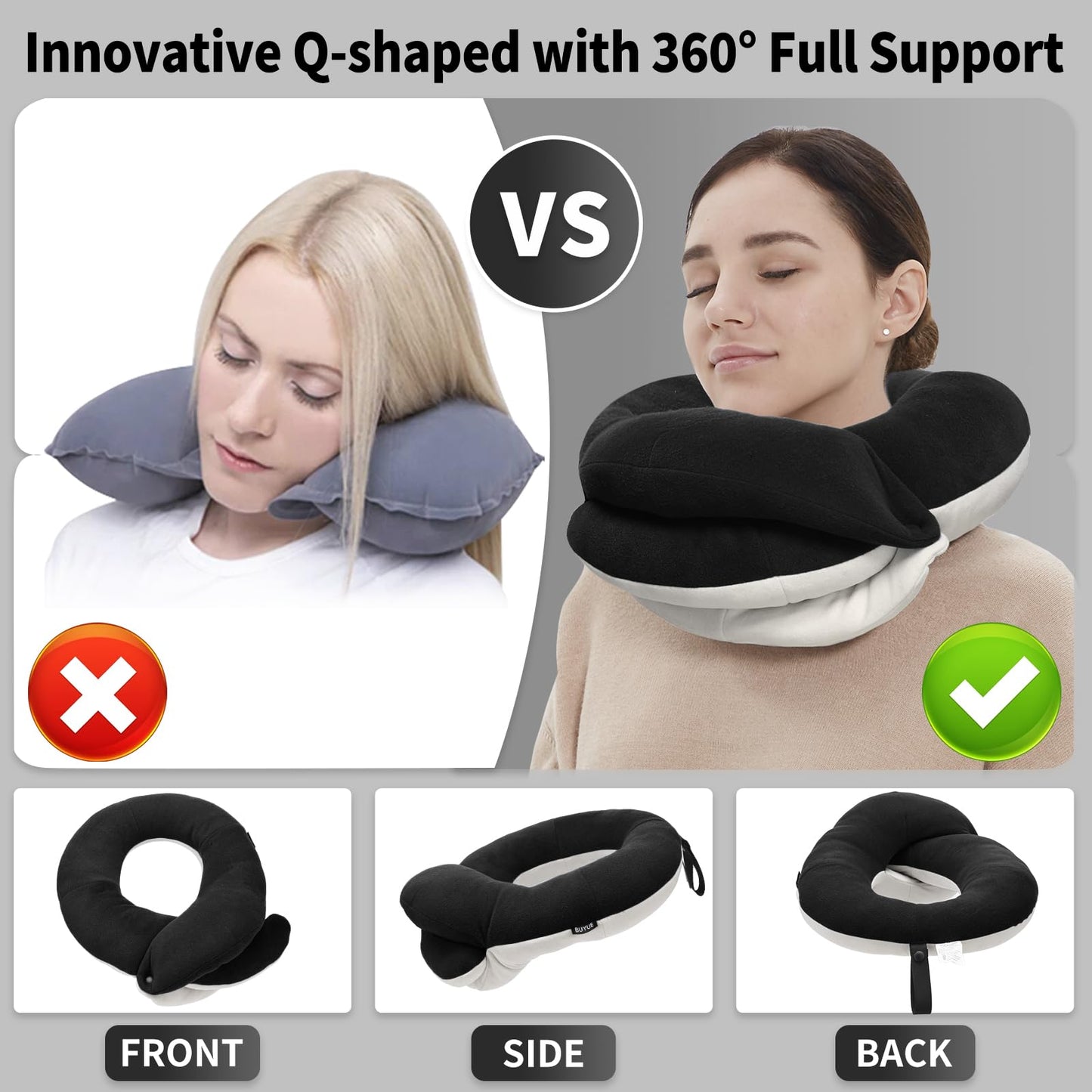 BUYUE Travel Neck Pillows for Airplanes, 360° Head Support Sleep for Long Flight, Skin-Friendly & Breathable, Kit with 3D Contoured Eye Mask, Earplugs and Storage Bag (Adult, Black, 100+ lbs)