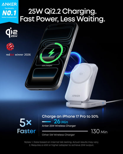 Anker Prime Foldable MagSafe Charger, 25W Qi2.2-Certified Palm-Sized Travel-Ready 3-in-1 Charging Station, AirCool Wireless Charger, for iPhone 17, Apple Watch, AirPods (Non-Battery, with Adapter)