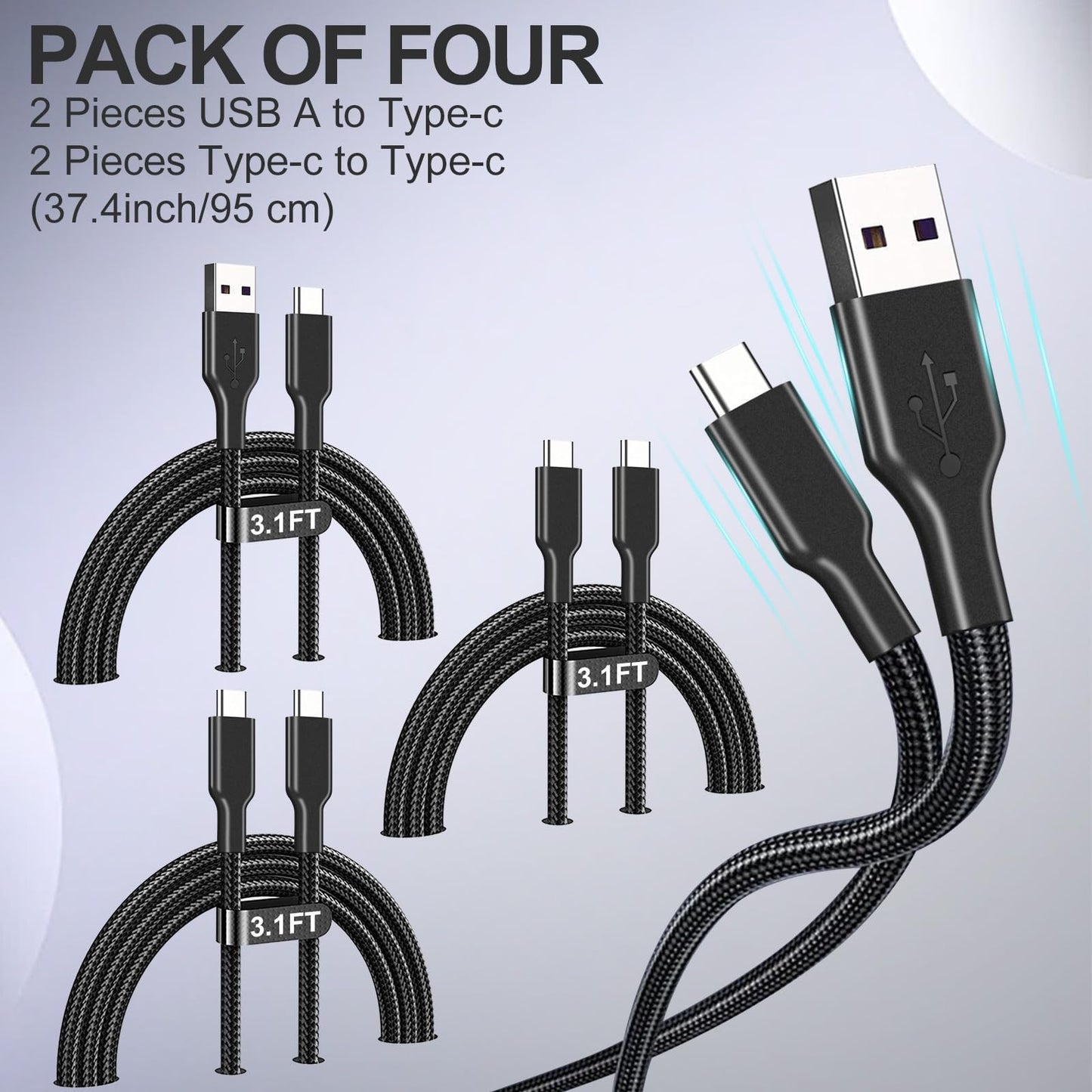 4 Pack Charging Cable 60W 3.1FT(2 Pack USB to USB C Cable and 2 Pack USB C to USB C Cable) Type C 60W Fast Charging Cable for iPhone 17 Series/16 Series/15 Series,iPad,AirPods,Watch,Samsung and More