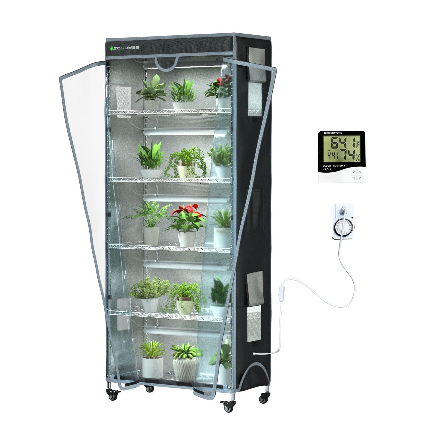Indoor Greenhouse 6-Tier Plant Stand with Grow Lights, Fully Covered, Thermometer & Timer | 5 Sets T8 Lights, Perfect for Seedlings & Flowering, 30" W x 14" D x 72" H