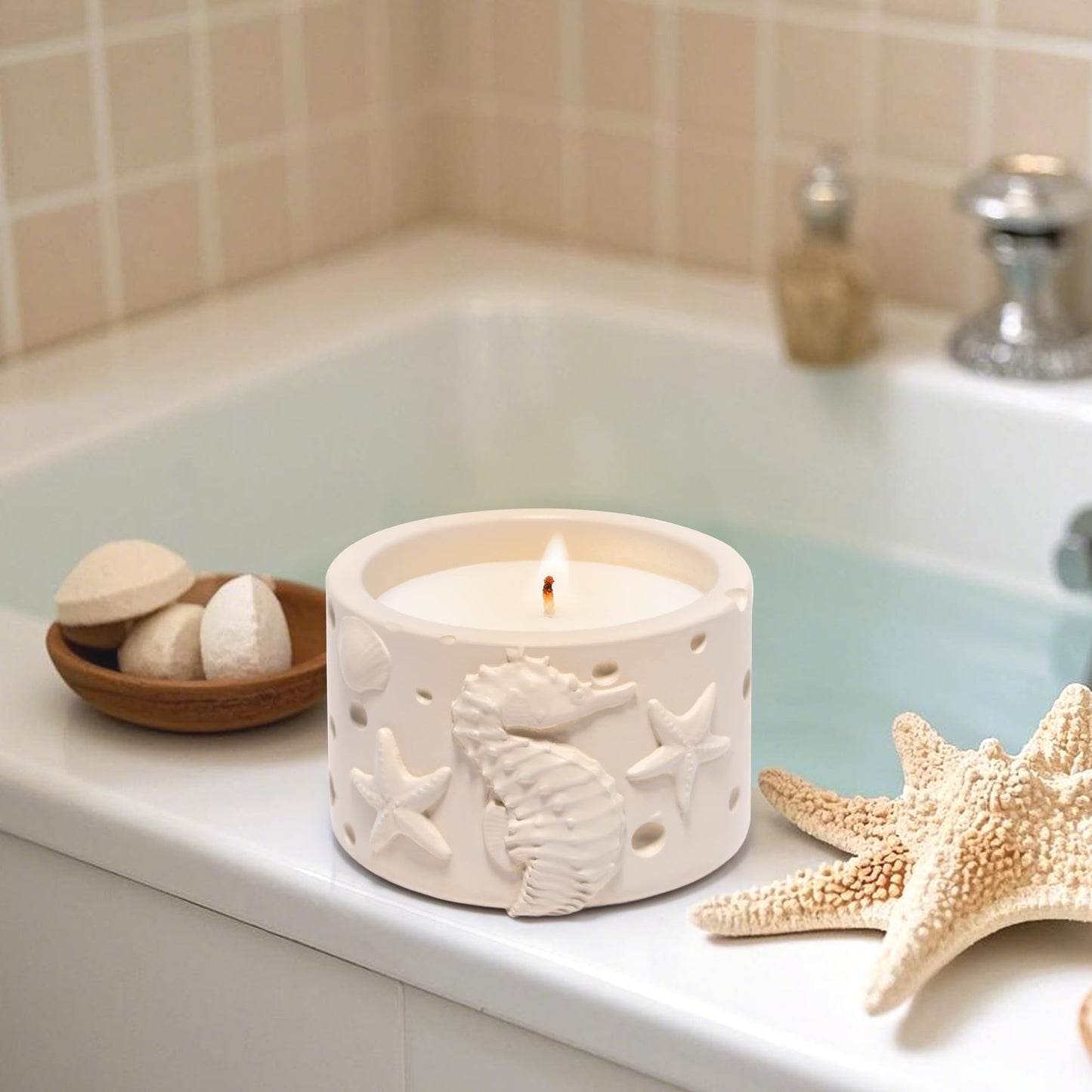 Hodao Oceanic Serenity Handcrafted Aromatherapy Box with Candle & Decor – Beach Rock Sculpture with Sea Turtle, Seashells, for Home, Bathroom, Yoga Room Decor (Brown-Seahorse)