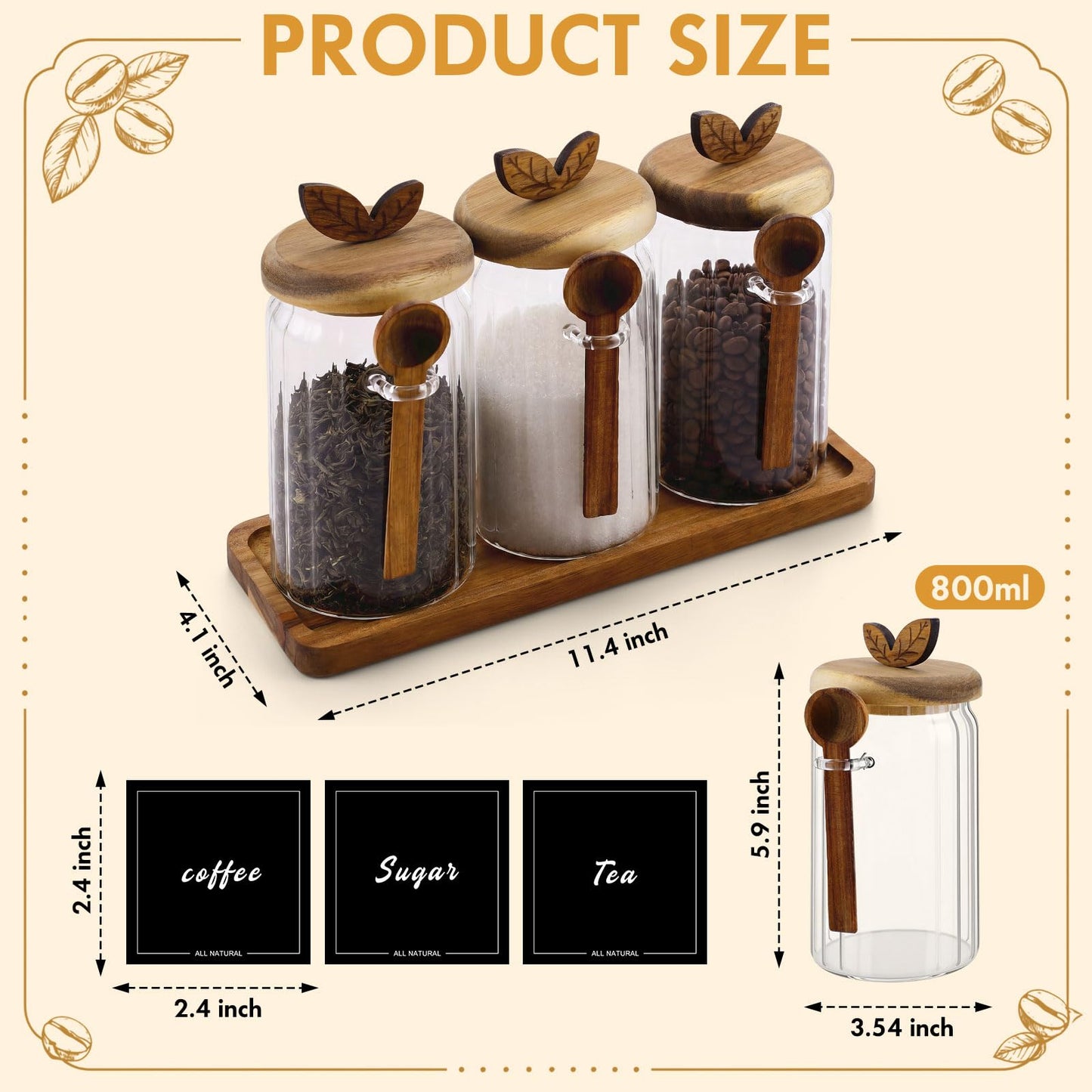 Suclain 3 Sets Glass Coffee Sugar Tea Canister 27 oz Airtight Food Storage Jar with Wooden Lid Spoon Shelf Labels Clear Glass Container for Sugar Coffee Bean Holder Salt Tea Housewarming Gift