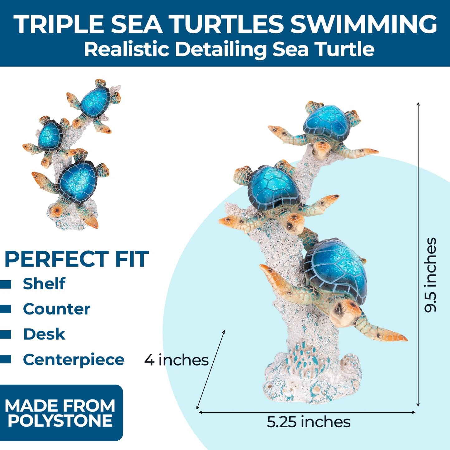 Corner Merchant Sea Turtle Statue Triple Turtles Swimming on Coral Reef Base – Ocean-Inspired Polystone Figurine for Coastal, Beach & Nautical Home Decor – Tabletop Accent Sculpture (Blue, 9.5”)