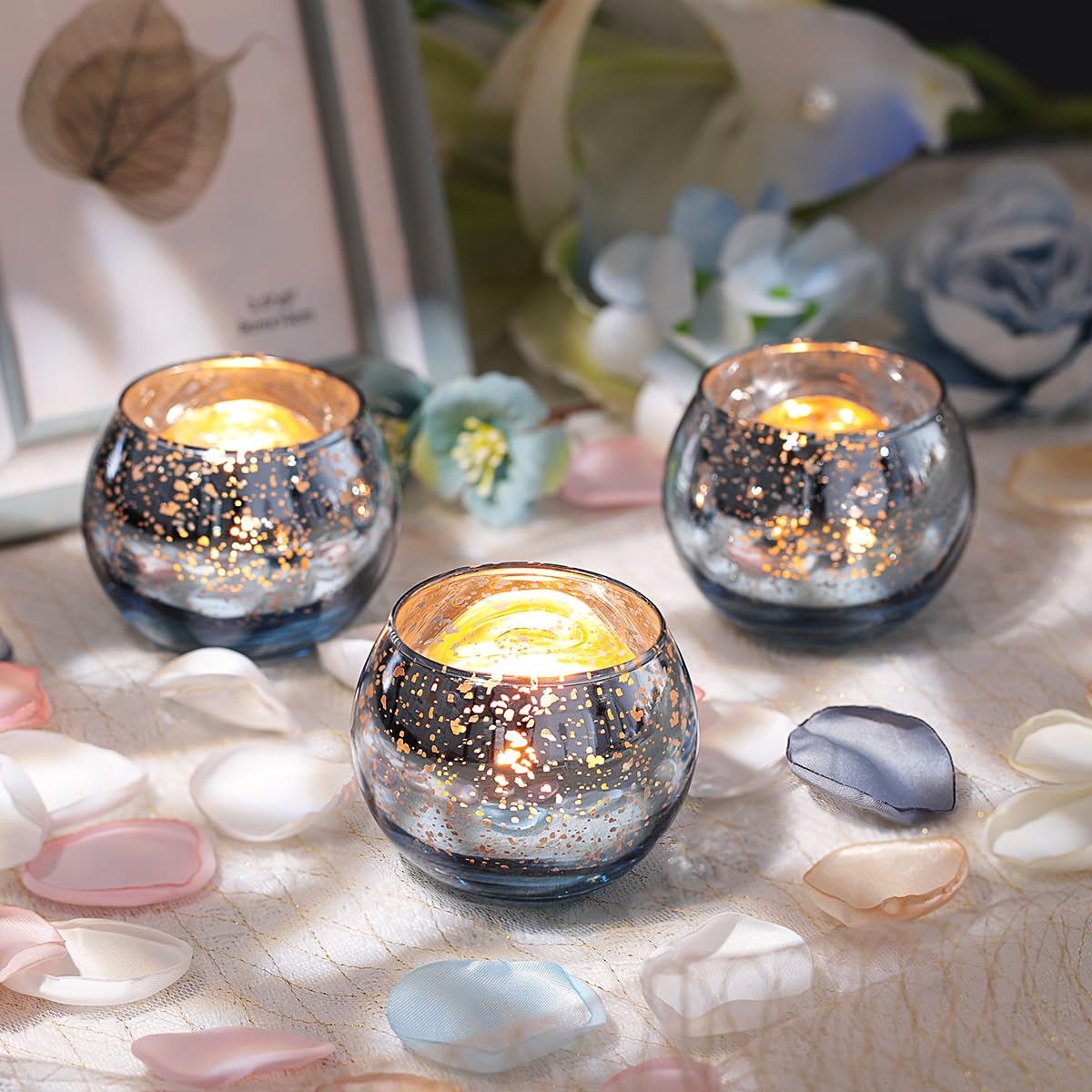LETINE 36pcs Blue Votive Candle Holders - Elegant Mercury Glass Tea Light Candle Holder Set for Weddings, Holiday Season Decorations,Christmas Table Centerpieces