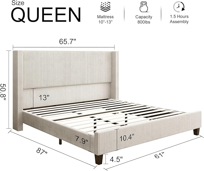 HOWE Queen Size Bed Frame with 50.8" Tall Wingback Headboard, Modern Corduroy
