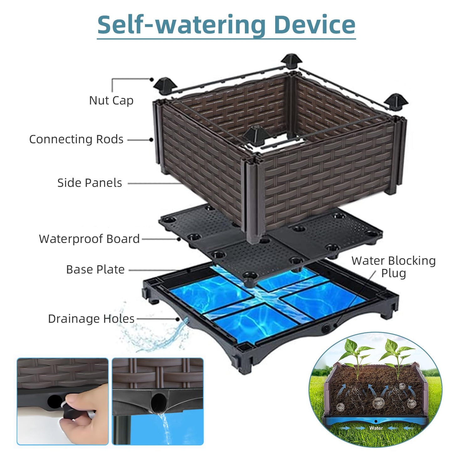 Large Raised Planter Box Outdoor Self Watering 62.9"x15.7"x14.2" , Deep Raised Garden Bed - Elevated Garden Box with Drainage Plug, Rectangular Garden Planter Perfect for Patio Balcony Deck