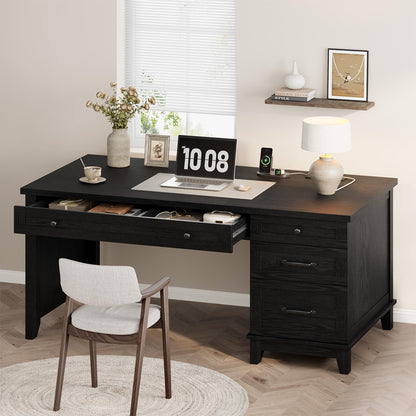 IDEALHOUSE 53.5" Farmhouse Computer Desk with Charging Station, Rustic Black Home Office Executive Desk, Wooden Workstation with File Cabinet Storage Drawers for Writing & Study, Rustic Black