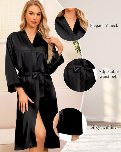 Sopesil Women's Satin Dressing Gowns Long Ladies Kimono Morning Robes Bridal Soft Wedding Party Sleepwear V-Neck,Black, L