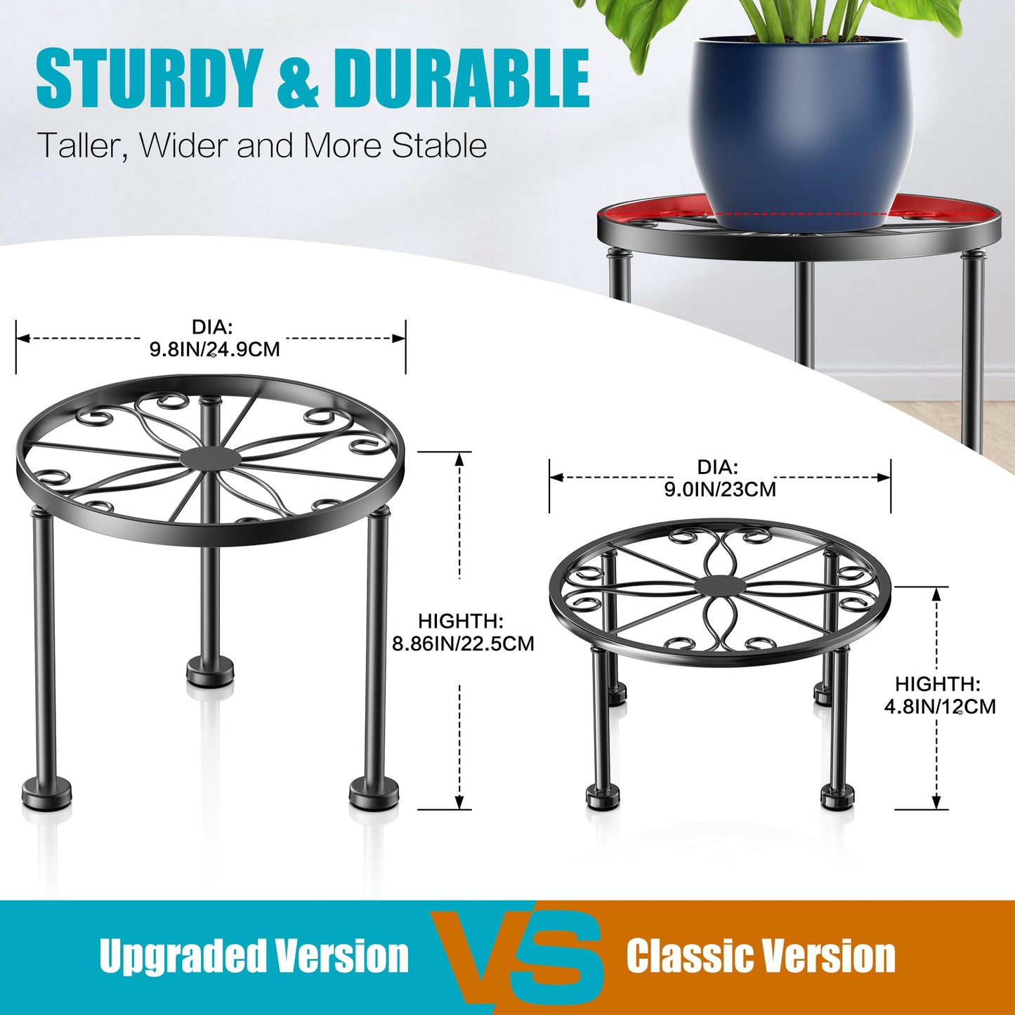 Garden Gifts Plant Lovers Gifts Black Metal Plant Stand with Anti-Slip Base Rustproof Heavy Duty Decorative Round Flower Pot Display Shelf for Indoor/Outdoor