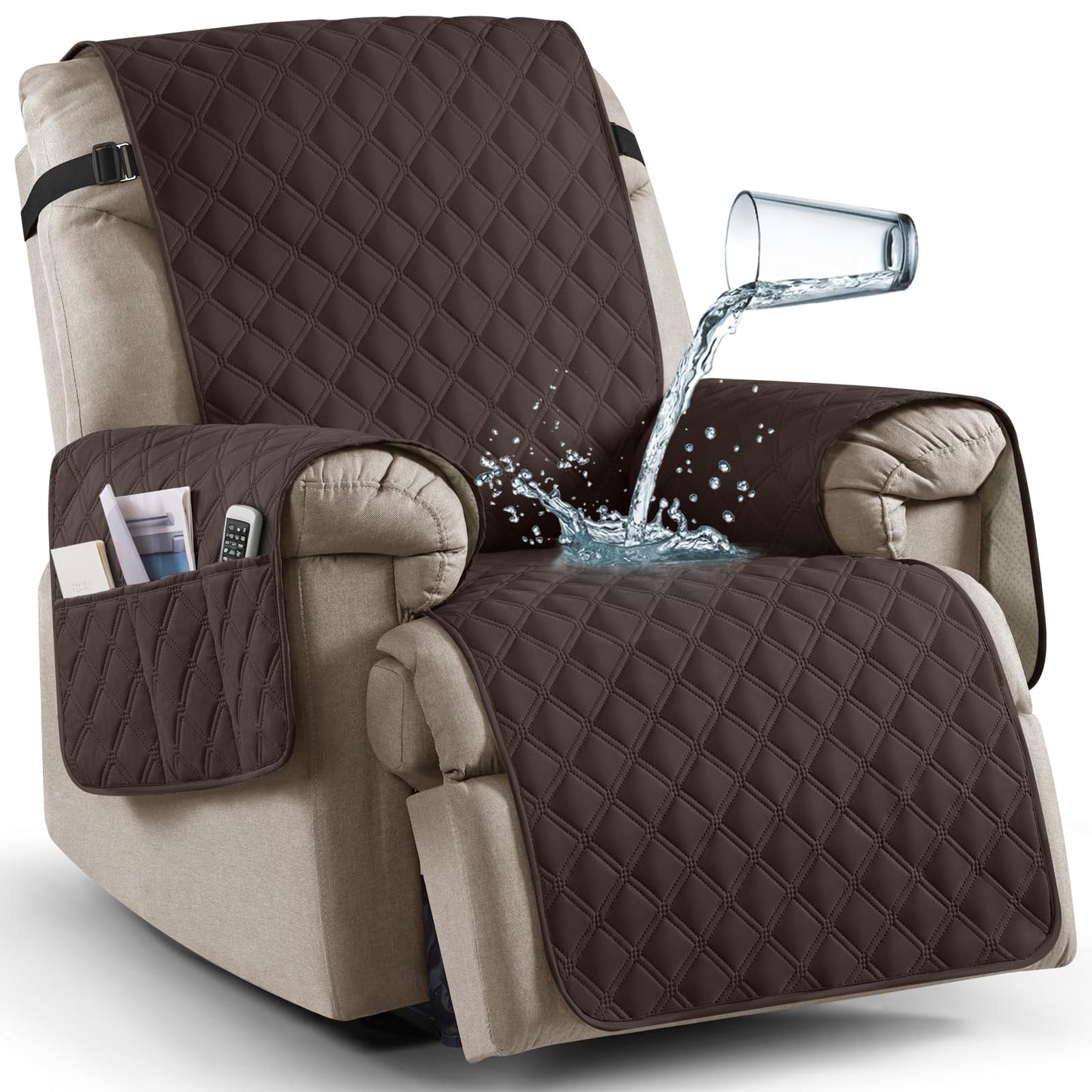 Ruaozz 100% Waterproof Recliner Chair Covers, Non-Slip Reclining Covers for Recliner Chair Washable Chair Cover, Recliner Covers with Pockets for Kids, Dogs, Pets (Chocolate, 23'')