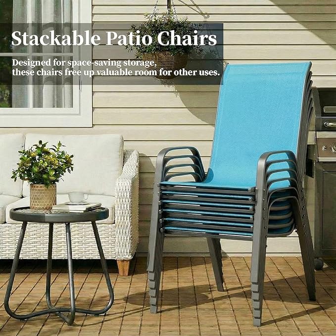 MAMIZO Patio Dining Chairs, Stackable All Weather Teslin Chair, Heavy Duty Outdoor Breathable Chairs Set, w/Armrests, Upgraded Chair FeetW/Strenthened Iron Spacers, 330 LBS (6, Turquoise Blue)