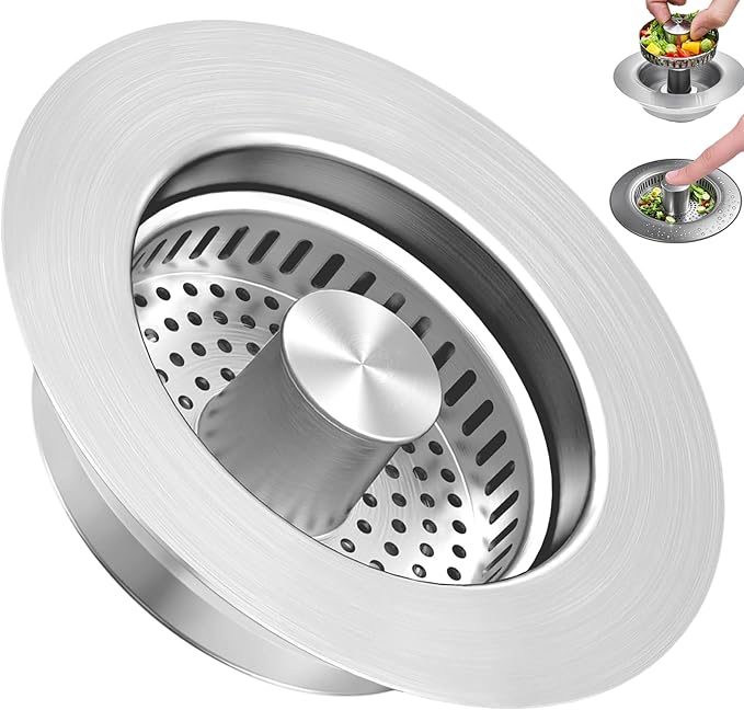 3-in-1 Kitchen Sink Drain Strainer & Stopper, Stainless Steel Food Catcher Plug