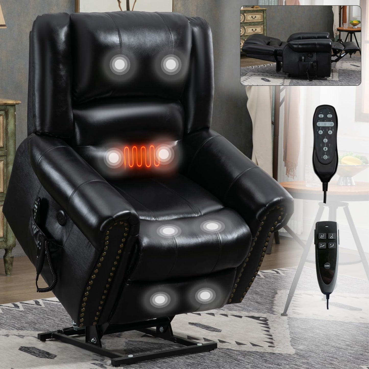 KEIKI Oversized Power Lift Recliner Rocking Chair for Adult, Genuine Leather Mid Century Modern Accent Chair with Back Message & Heat USB Port, Adjustable Home Theater Seating for Living Room, Black