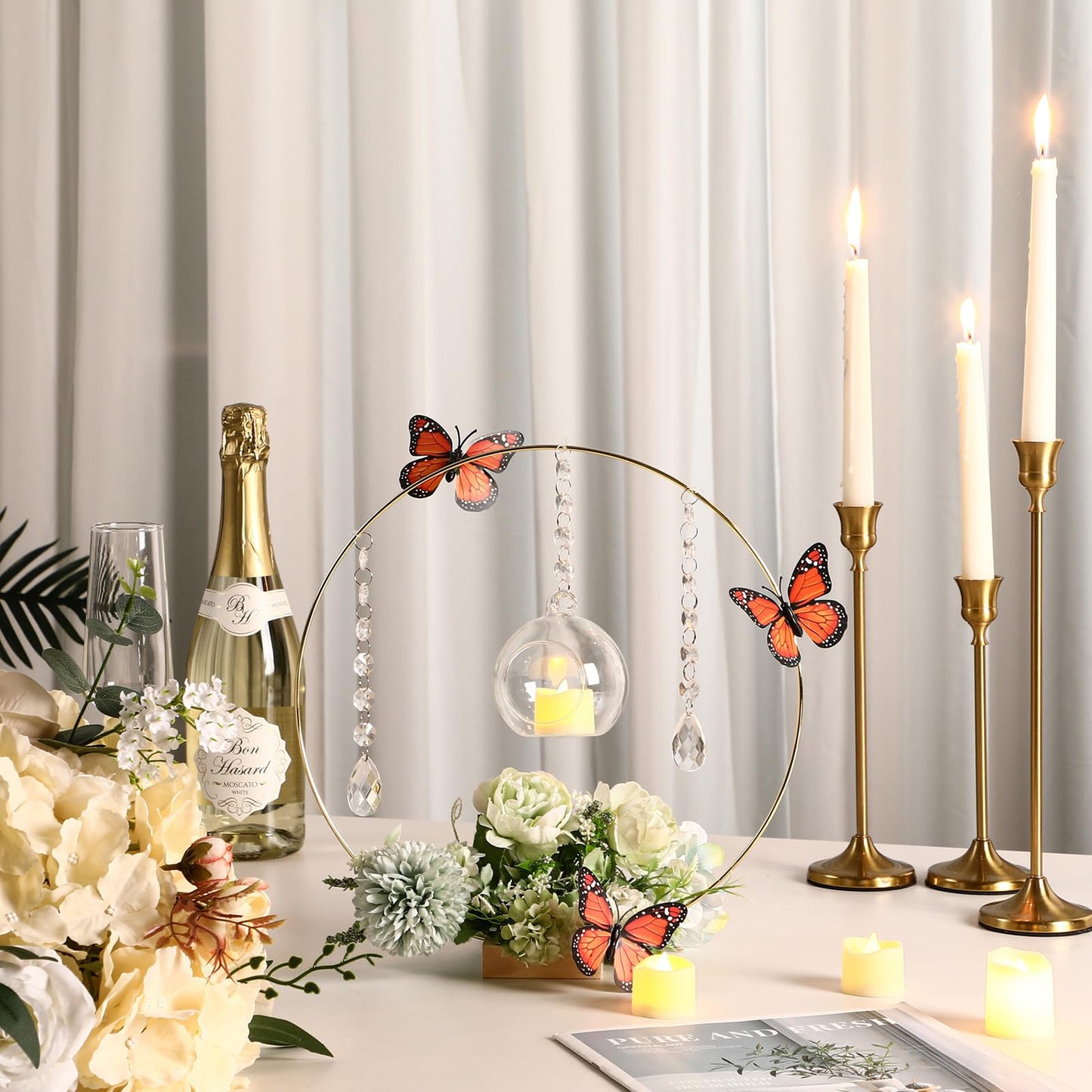 Leinuosen 6 Pack 12'' Metal Floral Hoop Centerpieces Set with Wooden Stand, Hanging Candle Holder, Acrylic Crystal Pendant Garland Crystal Garland String, for DIY Wedding Party Tabletop Decoration
