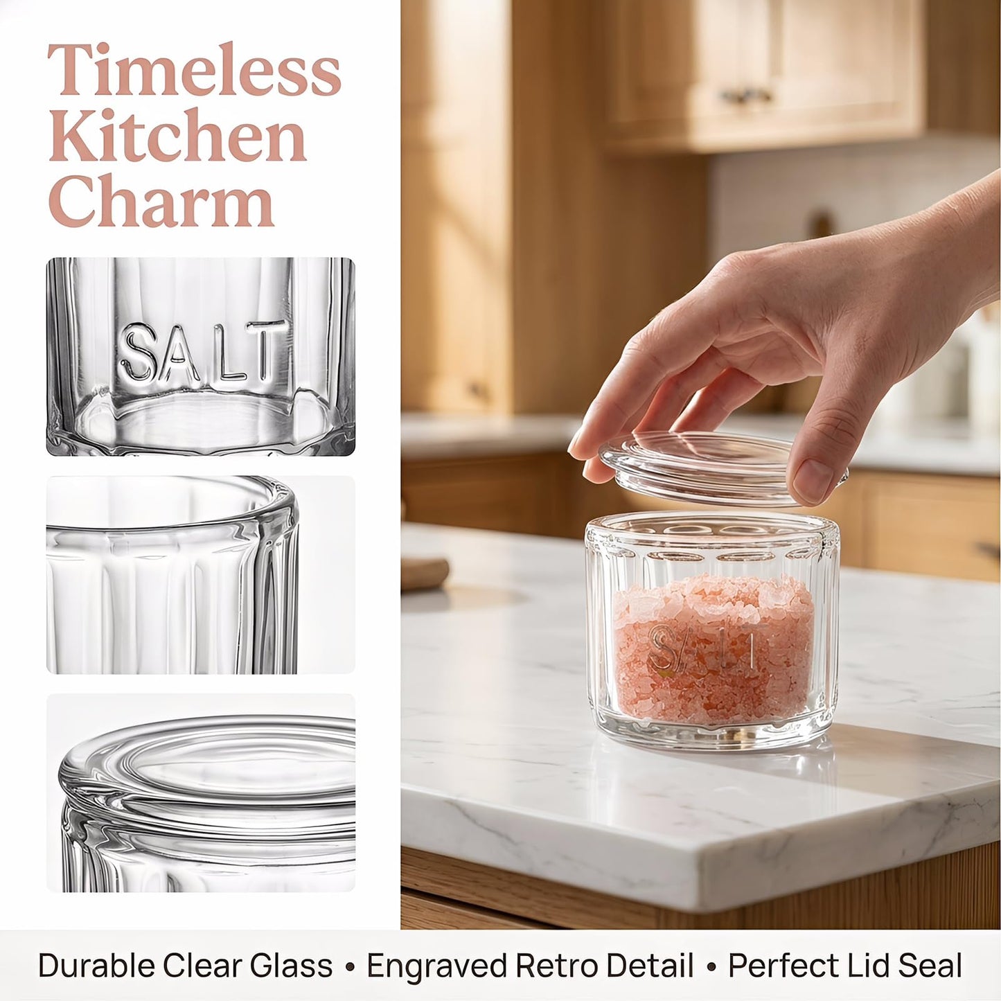 Nicunom 2 Pack Clear Glass Salt Cellar with Lid, Salt Storage Container Salt Box, Retro Style, Kitchen Decor, Wedding Gift, 3.75" D x 3.15" H