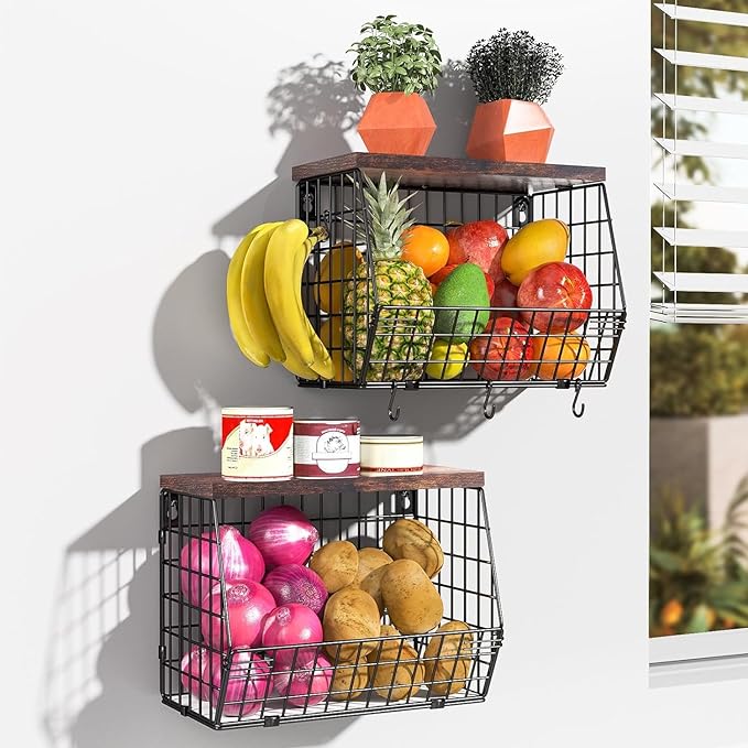 2 Tier Fruit Bowl Fruit Basket for Kitchen Counter Stackable Wall Mounted