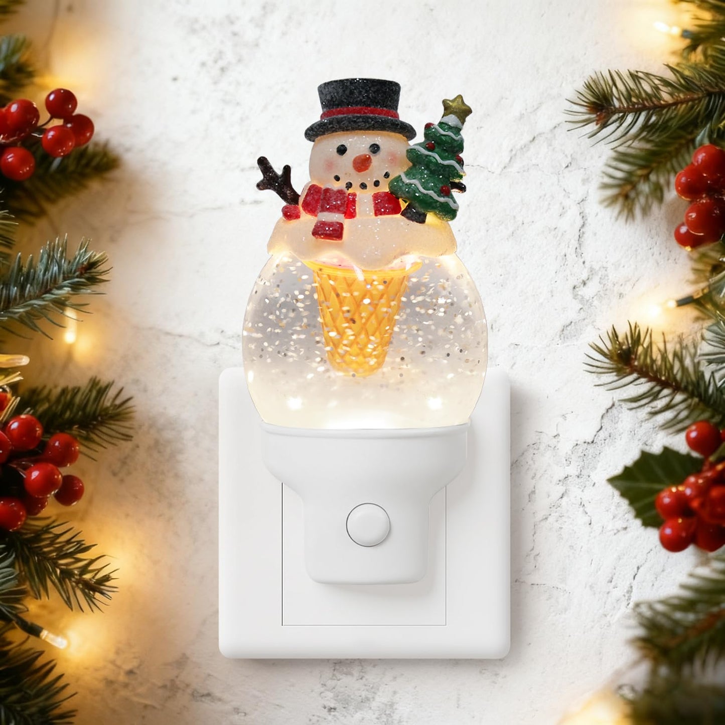 Yuxelulmai Christmas Snowman Night Light Plug into Wall Swirling Glitter USB Portable Christmas Decorative Night Light Decoration for Bedroom Kitchen Living Room Holiday Decor (Snowman Cookie Cone)