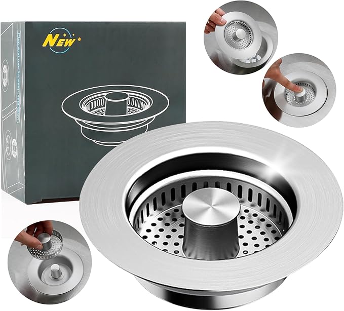 Kitchen Sink Drain Strainer, Stainless Steel 3-in-1 Pop-up Sink Stopper
