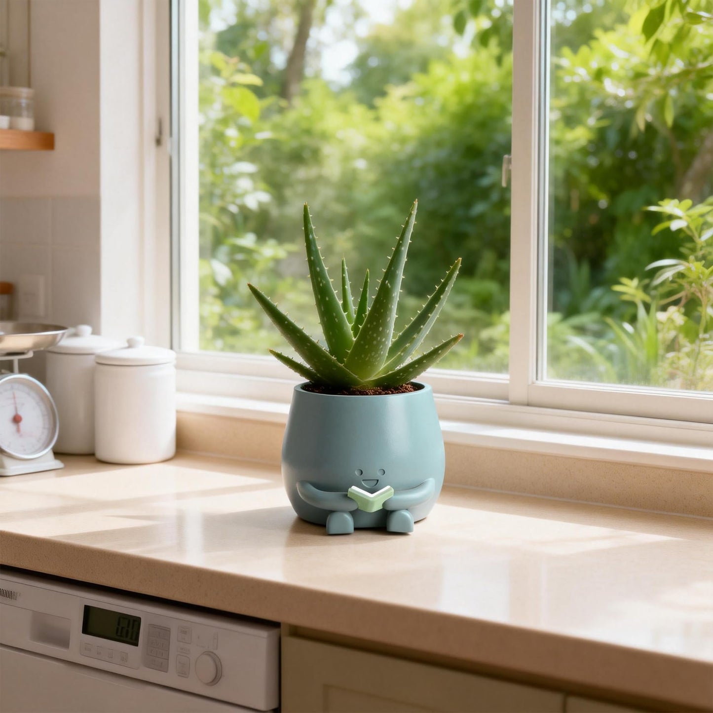 ZSHAWN Smiley Face Planter, Book Lover Plant Pot, Resin Bookworm Planter with Drainage Hole Plug, Cute Reading Succulent Pot Happy Face Indoor Desk Bookshelf Home Decor Blue