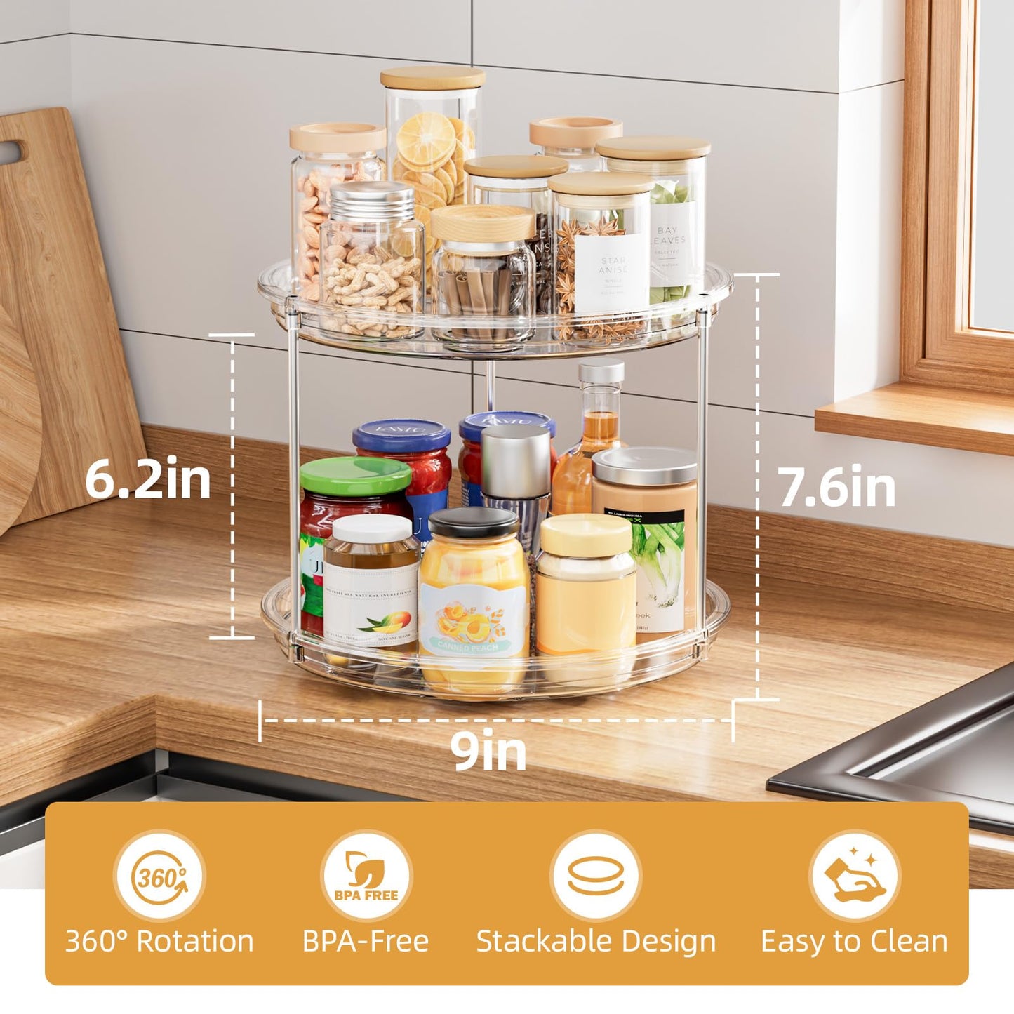 LAMU 2 Tier Lazy Susan Turntable Organizer for Cabinet, 9'' Rotating Spice Rack for Kitchen, Pantry, Countertop, Bathroom, Vanity, Under Sink, Medicine Cabinet Organizer, 1 Pack