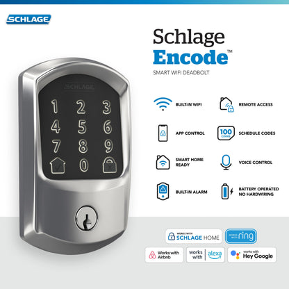 Schlage Encode Smart WiFi Deadbolt Lock for Front Door - Keyless Entry with App or Touchscreen - Works with Alexa, Hey Google, & Airbnb - Create Codes for Guests - Matte Black