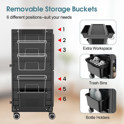 Lockable Salon Trolley Salon Cart on Wheels Rolling Tray Large Storage Salon Trolley W/Towel and Mirror Rack, Heat Resistant Appliance Rack, 4 Remove Drawers, 2 Buckets for Salon Spa Store