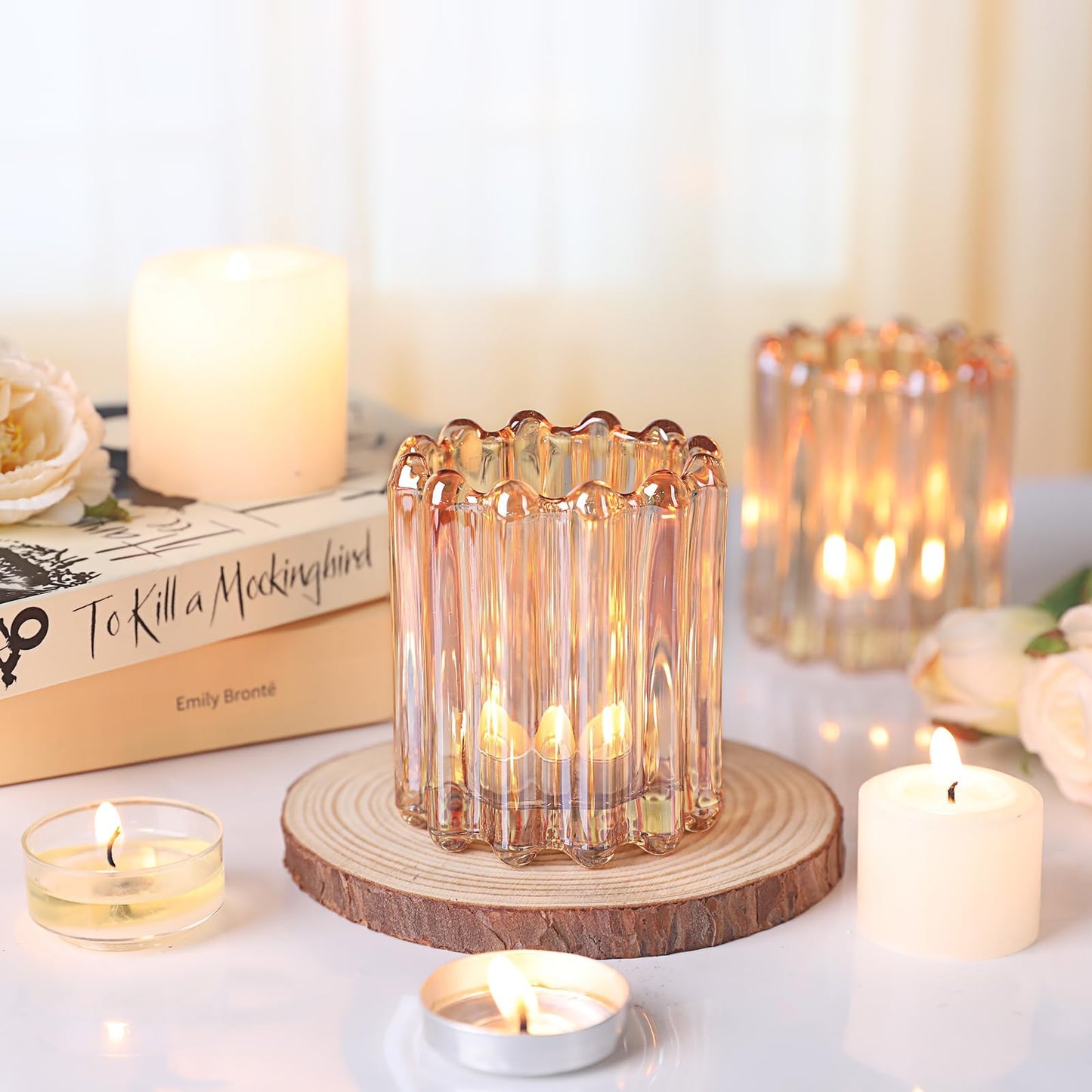HAVITI 6 Pcs Votive Candle Holder, Gold Glass Large Candle Holders, Tealight Candle Holder for Fall Wedding Centerpieces Dinner Party Table Decor