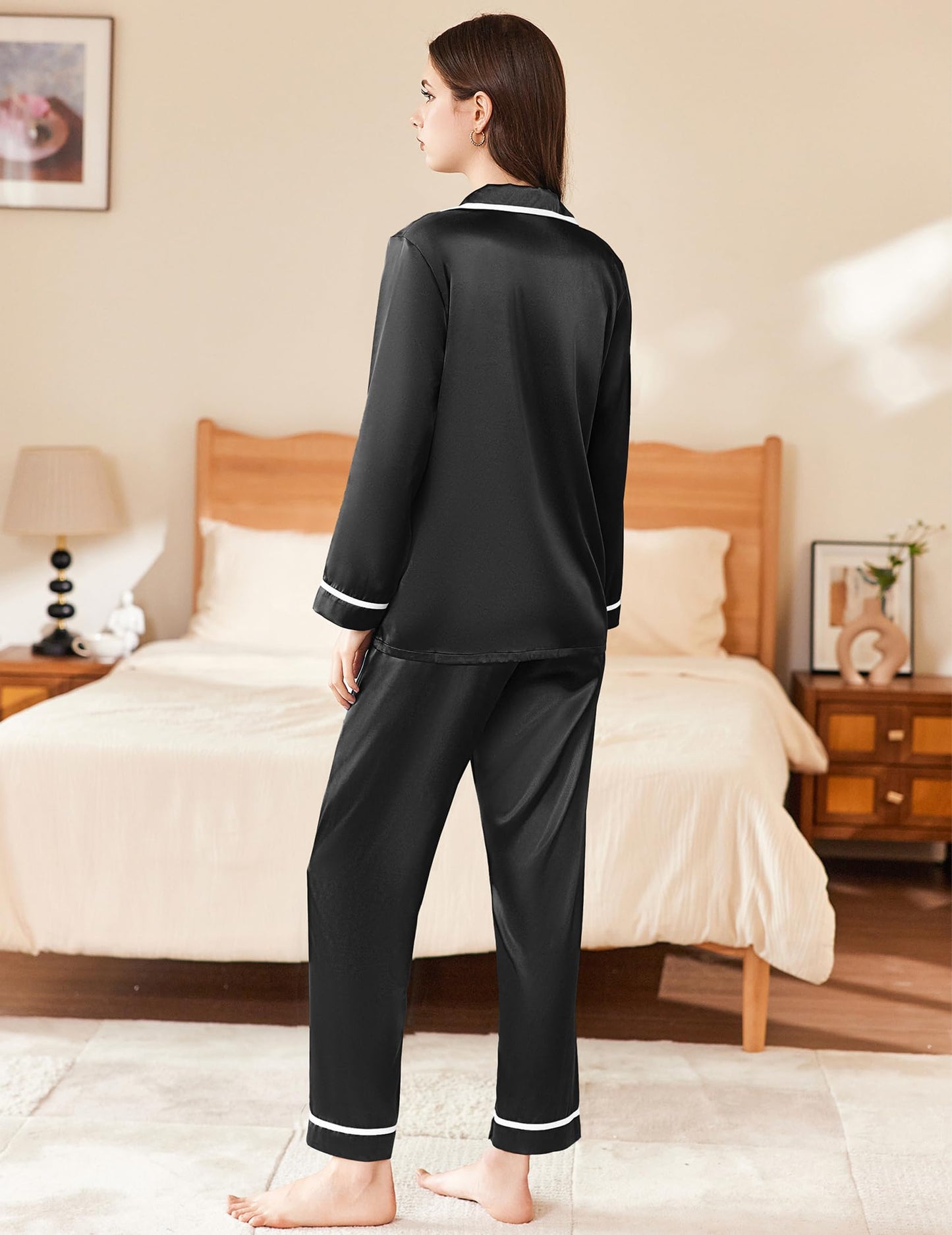 Ekouaer Satin Pajamas Set for Women Long Sleeve Pants Pj 2 Piece Lounge Set