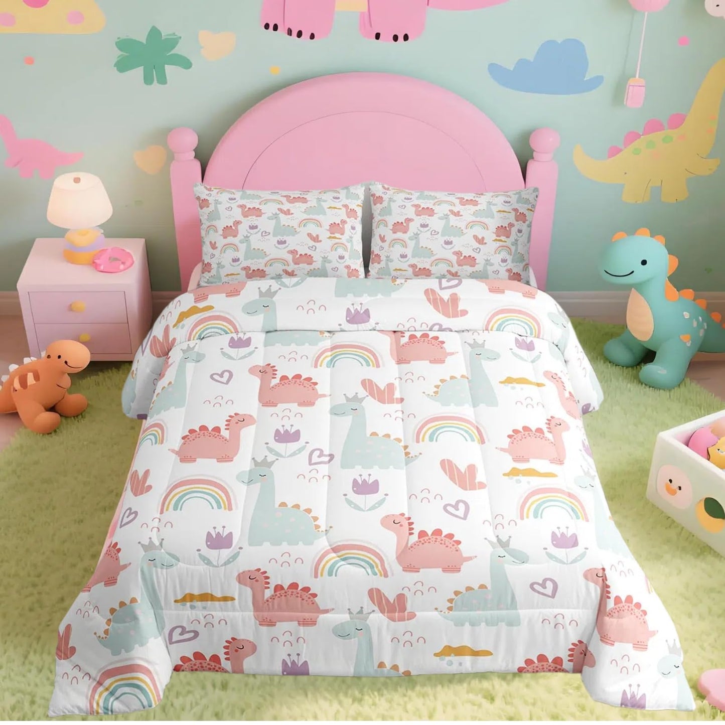Feelyou Cartoon Dino Comforter Set Twin, Pink Green Dinosaur Comforter Cute Jungle Dino Comforter Set for Kids Boys Girls Cute Rainbow Duvet Set Microfiber Quilt Set