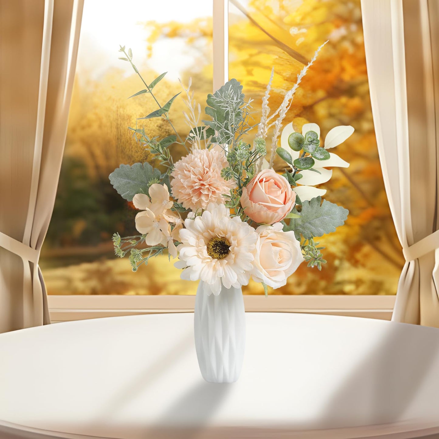 GAATEEK Small 11.8" Artificial Flowers in Ceramic Vase - Champagne Silk Flower Centerpiece for Dining Table, Office, Wedding & Farmhouse, Home Decor Gifts