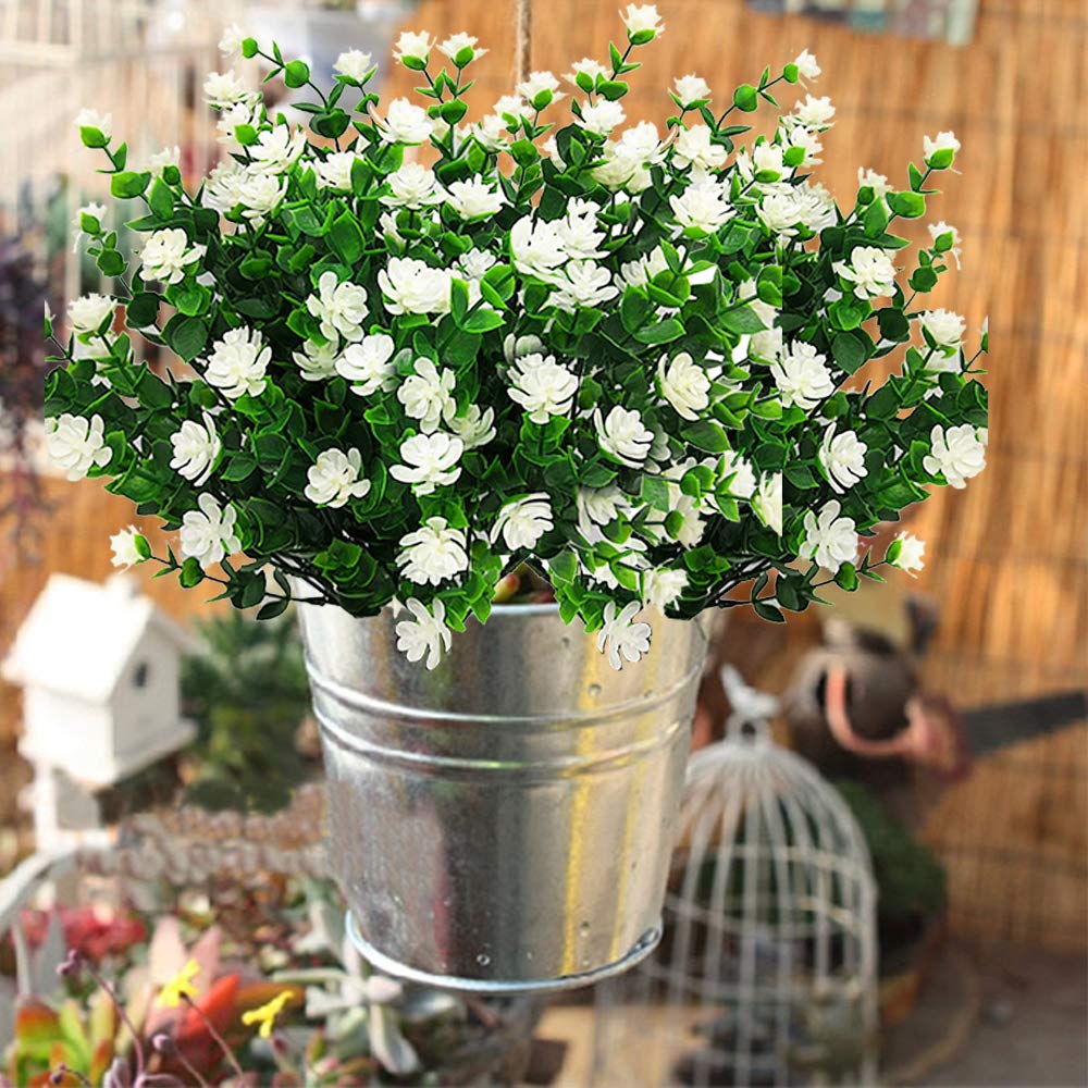 Grunyia 10 Bundles Artificial Fake Flowers, Faux Outdoor Plastic Plants UV Resistant Shrubs Outside Indoor Decorations (White-Eucalyptus)