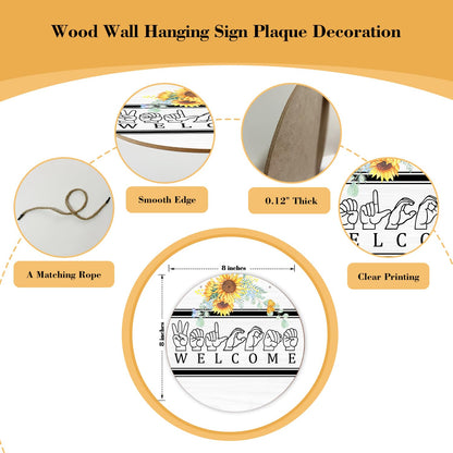 Wood Wall Hanging Sign Plaque Gift, Welcome Wooden Round Sign with Twine Floral Sign Language Decor, Door Home Living Room Shelf Porch Spring Summer Party Holiday Decoration Supplies - 10