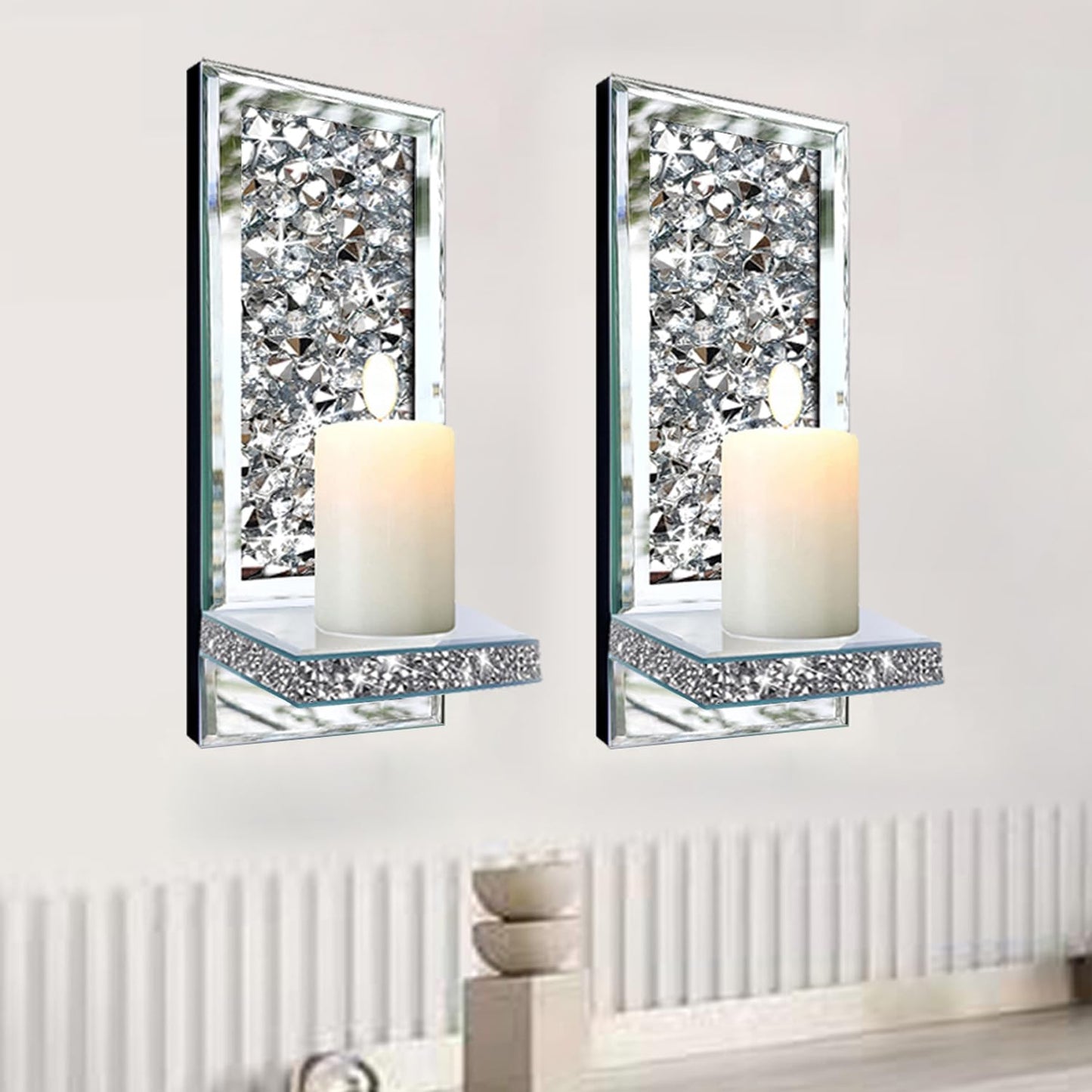 ZOLAPI Set of 2 Crystal Crush Diamond Candle Sconces, Gorgeous Silver Mirrored Wall Sconce, Candle Holder Glass Wall Decorations for Home Décor, Living Room, Dining Room. 1A