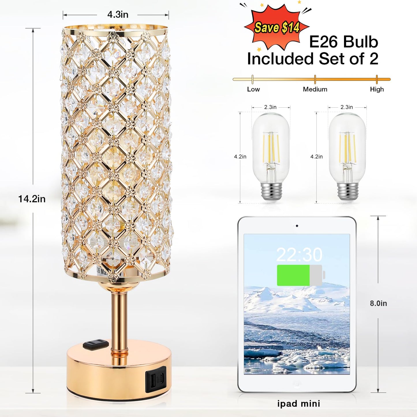 Hong-in Gold Lamps Set of 2, Dimmable Gold Lamps for Nightstand with USB-C+A & AC Charging Ports, 3-Way USB Crystal Lamp, Bedside Desk Light for Bedroom Living Room Home Office(Bulb Included)