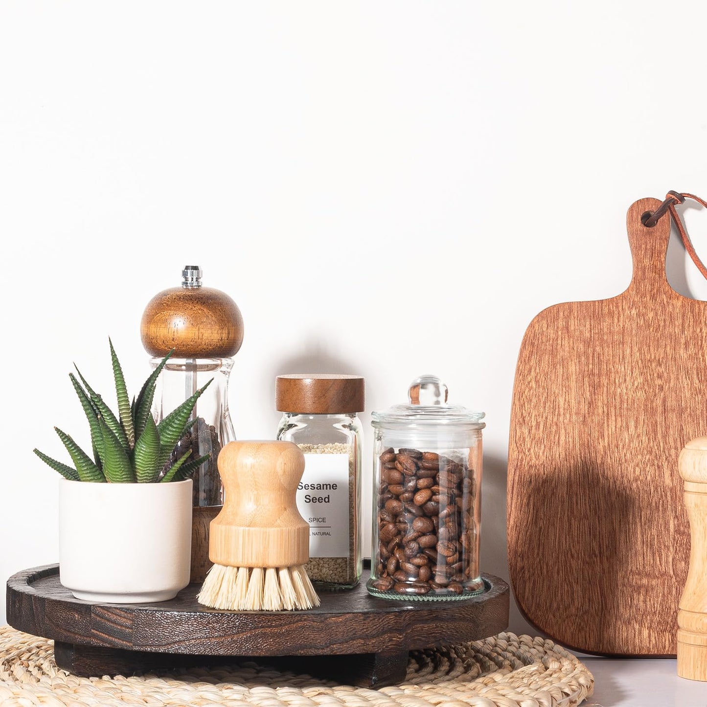 Round Decorative Tray Wood Bathroom Counter Organizer Farmhouse Kitchen Decor Wooden Riser for Soap Dish, Perfume, Candle, Sponge, 10" - Dark Brown
