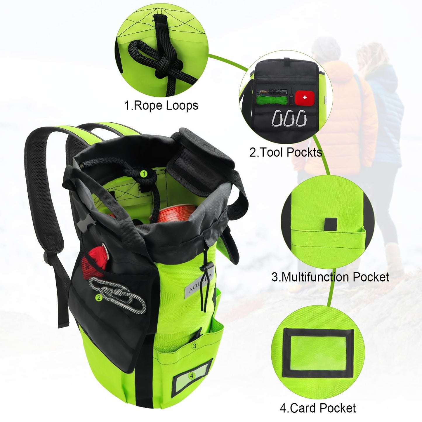 AOLEBA Arborist Rope Storage Bag Tree Climbing Rock Rope Bucket Backpack Rope Storage Bag Large Capacity 1680D Thicken Nylon Material with Hand Straps, Side Pockets - Neon Green