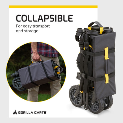 Gorilla Carts 7 cu ft 185L Capacity Foldable Festival Wagon Collapsible Durable All Terrain Utility Pull Camping Wagon with Oversized Bed and Built-in Cup Holders, Garden Trolley Black Load up to 70kg