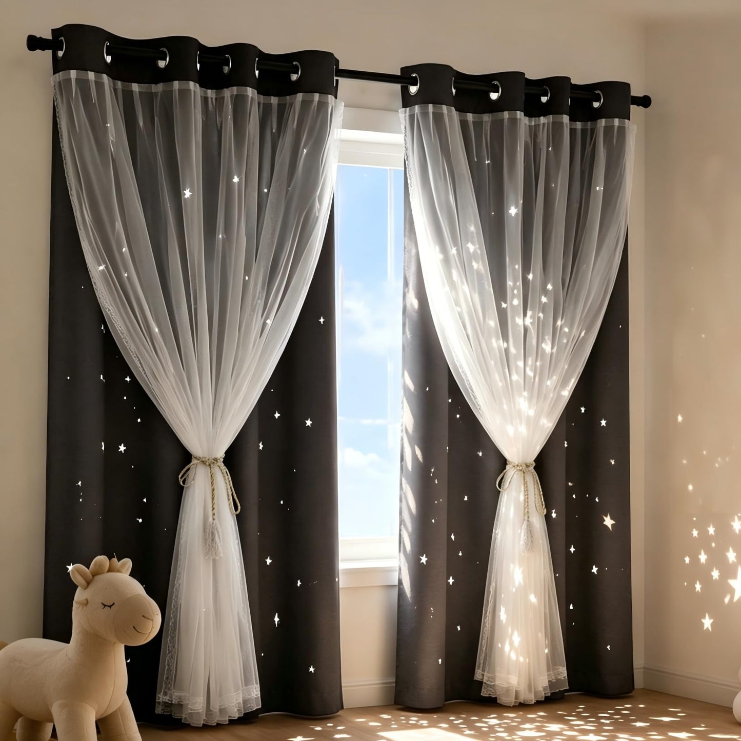 Kinryb Blackout Curtains for Girl Bedroom/Living Room/Classroom, Sheer Overlay 63 Inches 2 Panel Set, Double Layer Curtains with Star Cutout for Kids Room(W 52 x L 63 Inches,Grey 2 Pcs)