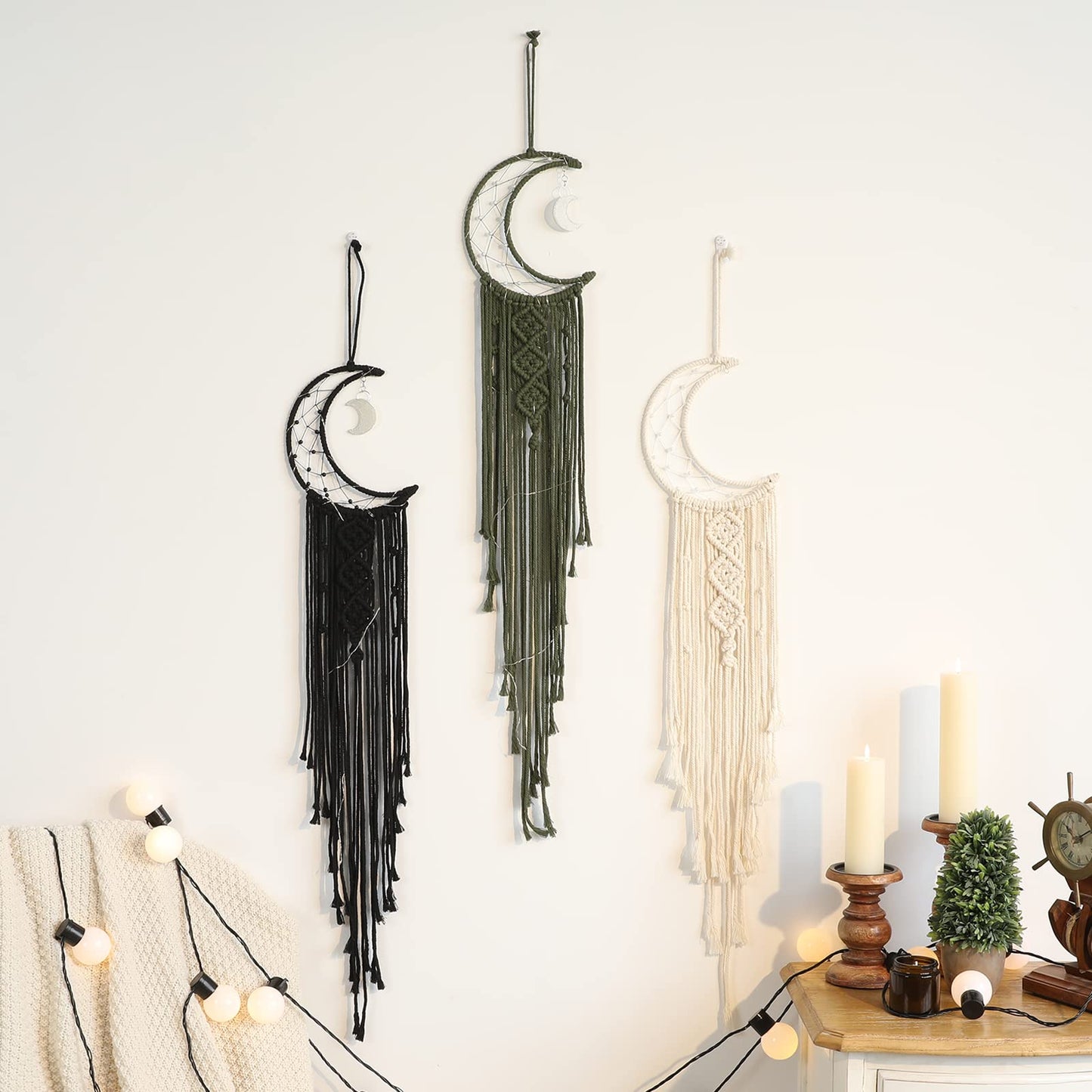 Boho Macrame Woven Wall Hanging for Kids, Crochet Crescent Moon Star Dream Catcher with Long Tasselt, Olive Cotton Handmade Bohemian Home Decor Decoration for Nursery Bedroom Dorm Room