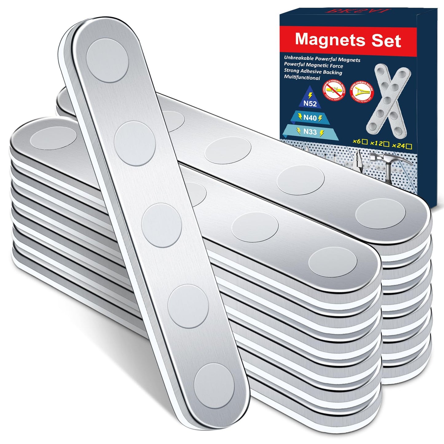BKSAI Unbreakable Strong Magnet, 12 Pack Self-Adhesive Neodymium Bar Magnets, Powerful Permanent Rare Earth Sticky Magnets for School Office Home Kitchen DIY Tool Room 58x10x2mm (N40-12PCS)