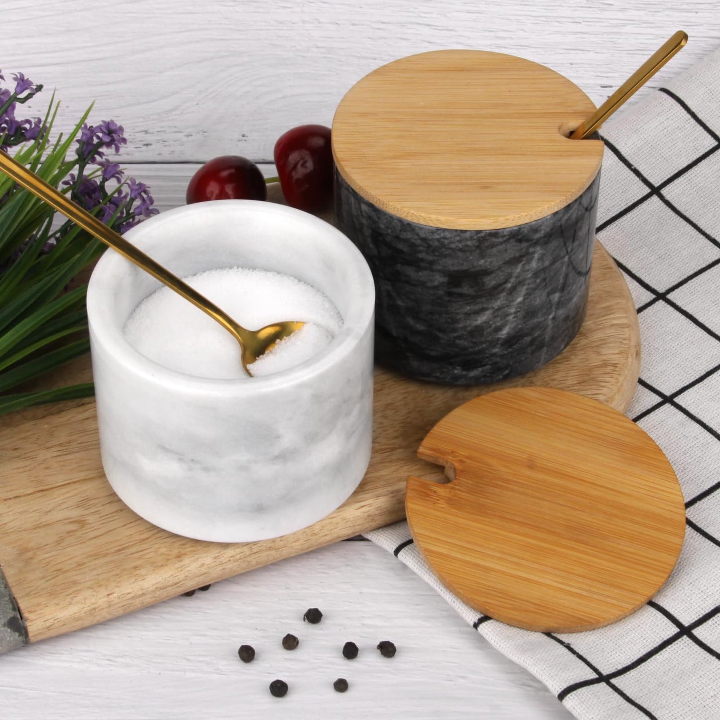 2 Sets Marble Salt Cellar Box with Bamboo Lid & Metal Spoon, Modern Stone Salt or Pepper Sugar Spice Seasoning Bowl Container Jar Holder Well Keeper Dish Pig Crock for Kitchen (White and Dark Grey)