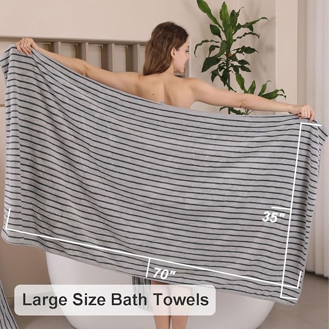 Oliven 4 Piece Grey Cabana Stripe Large Bath Towels Oversized Bath Sheet Super