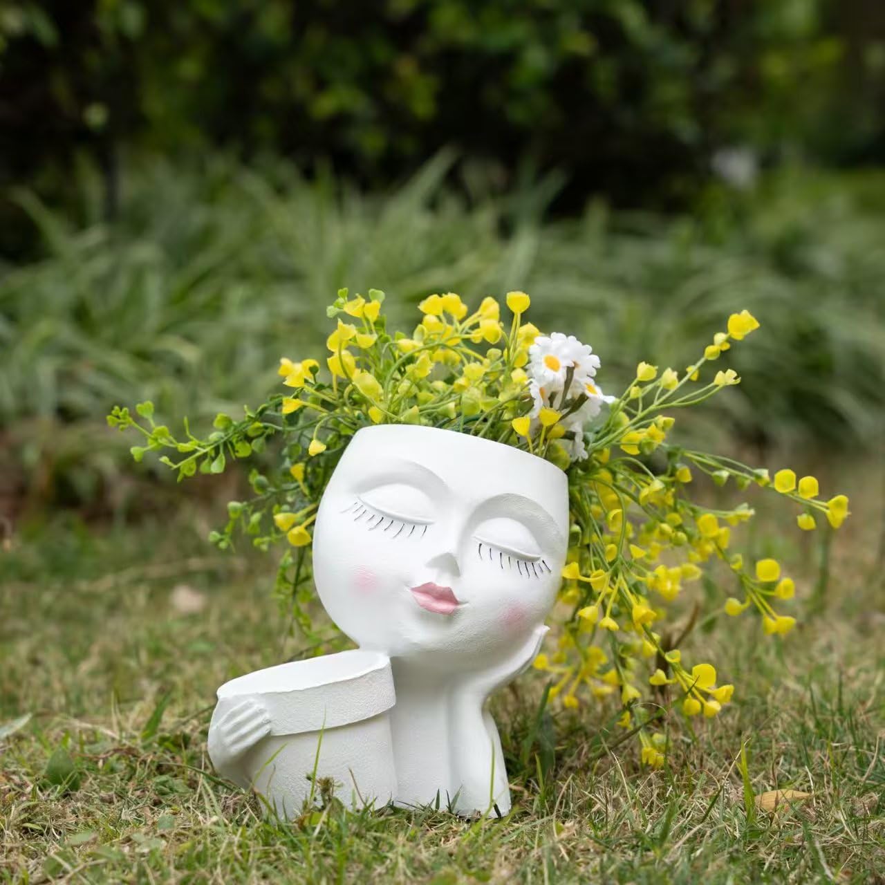 Lady Face Planter Pots Head - Double Cute Planters for Indoor Plants, Flower & Succulent with Drainage Holes, Novelty Head Plant Pot for Home Garden Succulents Cactus White