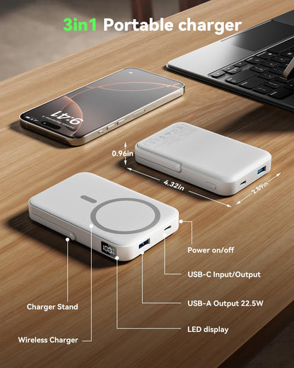 for Magsafe Battery Pack 10000mAh Power Bank with Foldable Stand Portable Charger,PD 22.5W Fast Charge,Travel Essential Wireless Charger for iPhone 17/16/15/14/13/12 Series–Black