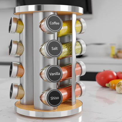 Revolving Spice Rack Set with 20 Spice Jars, Kitchen Spice Tower Organizer for Countertop or Cabinet -- Carousel Storage Includes 386 Spice Labels -- Desktop Rotating Seasoning Organizer