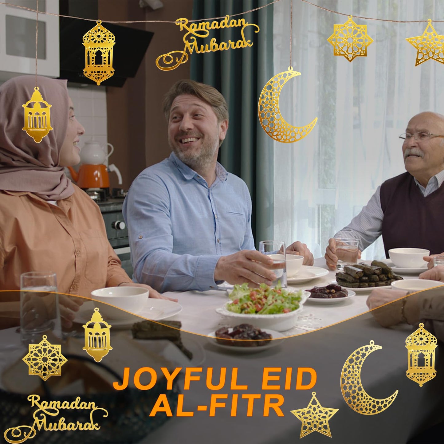 6pcs Ramadan Ornaments, Acrylic Ramadan Kareem Decoration Eid Mubarak Pendant Wind Light Moon Star Shaped Ramadan Decor for Hanging on Walls Windows Trees (Golden)