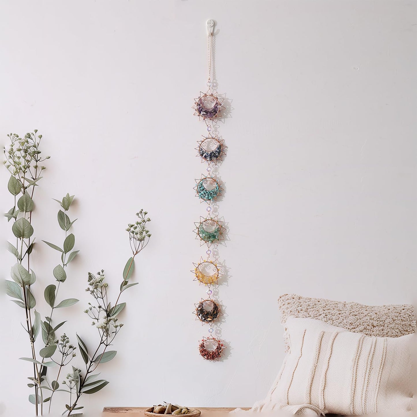 7 Chakra Healing Crystals Hanging Ornament，Handmade Sun Chakra Stones Natrual Gemstones Wall Hanging Ornaments for Home Decor Yoga Meditation (7 Chakra Sun)