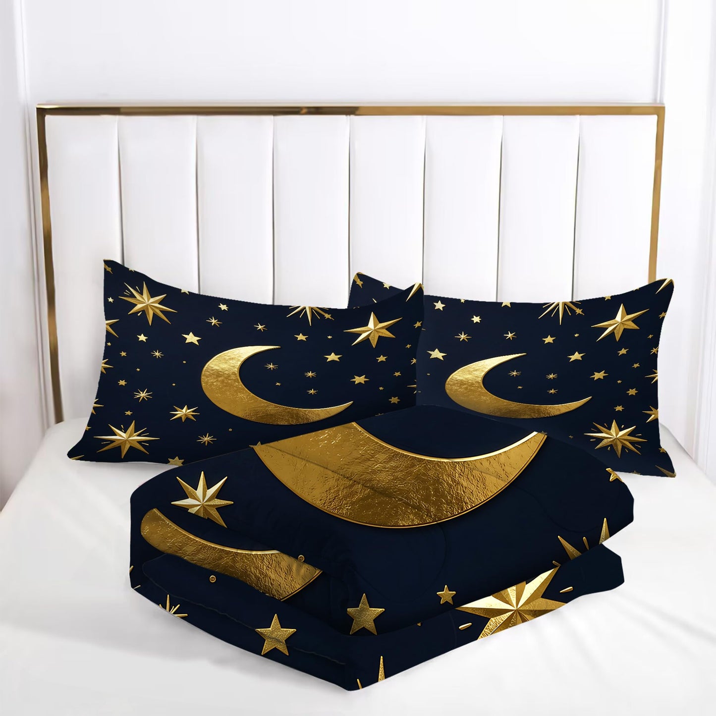 VTKON Gold Moon and Stars Bedding Set, Luxury Celestial Night Sky Comforter Set, Gold Starry Print Bed Set for Girls Bedroom Decor (Full Size 3Pcs with 2 Pillow Cases)